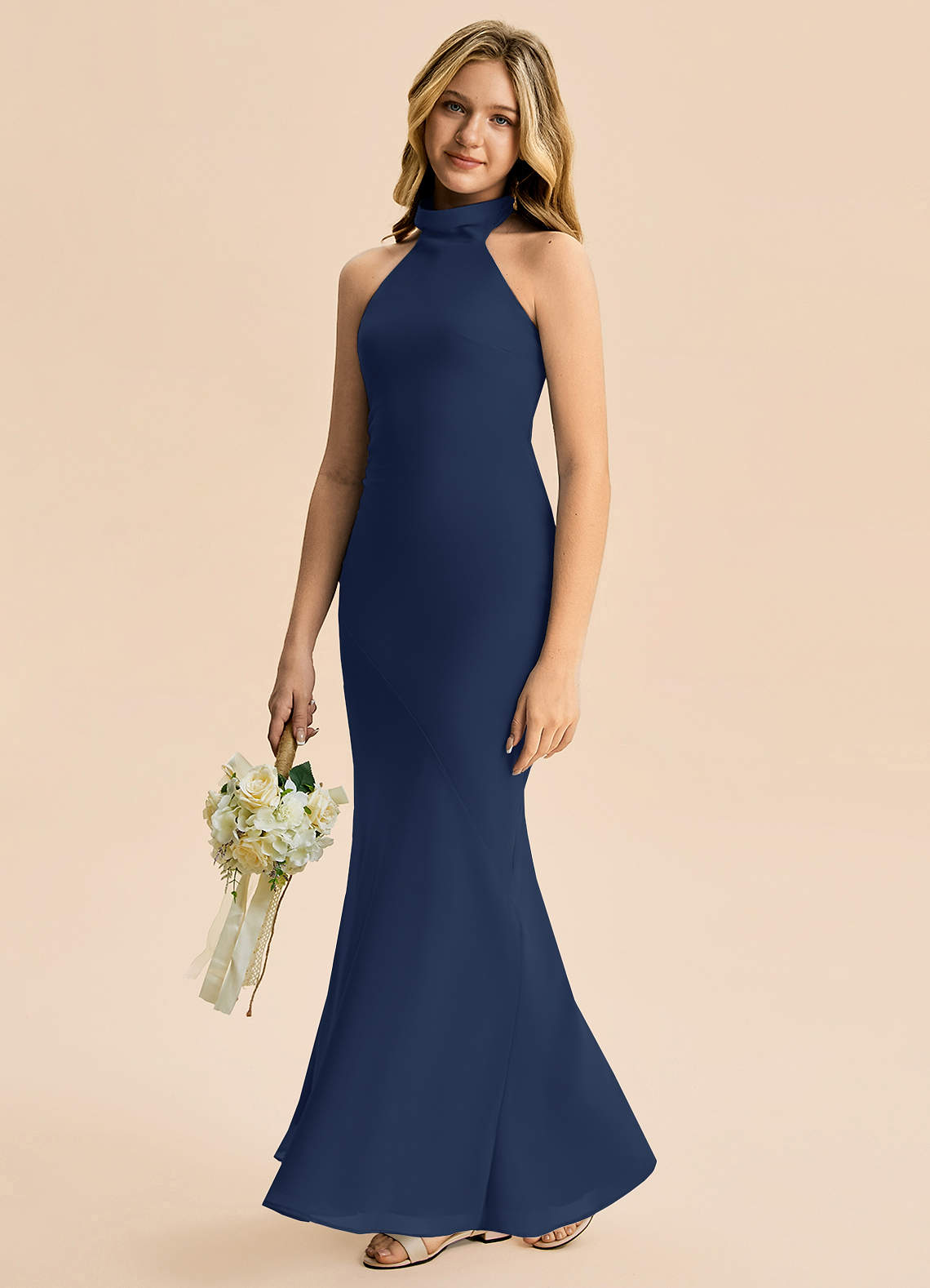 Azazie Velli Junior Meerjungfrau-Linie Hoher Kragen Chiffon Kleid Dunkelmarine image3