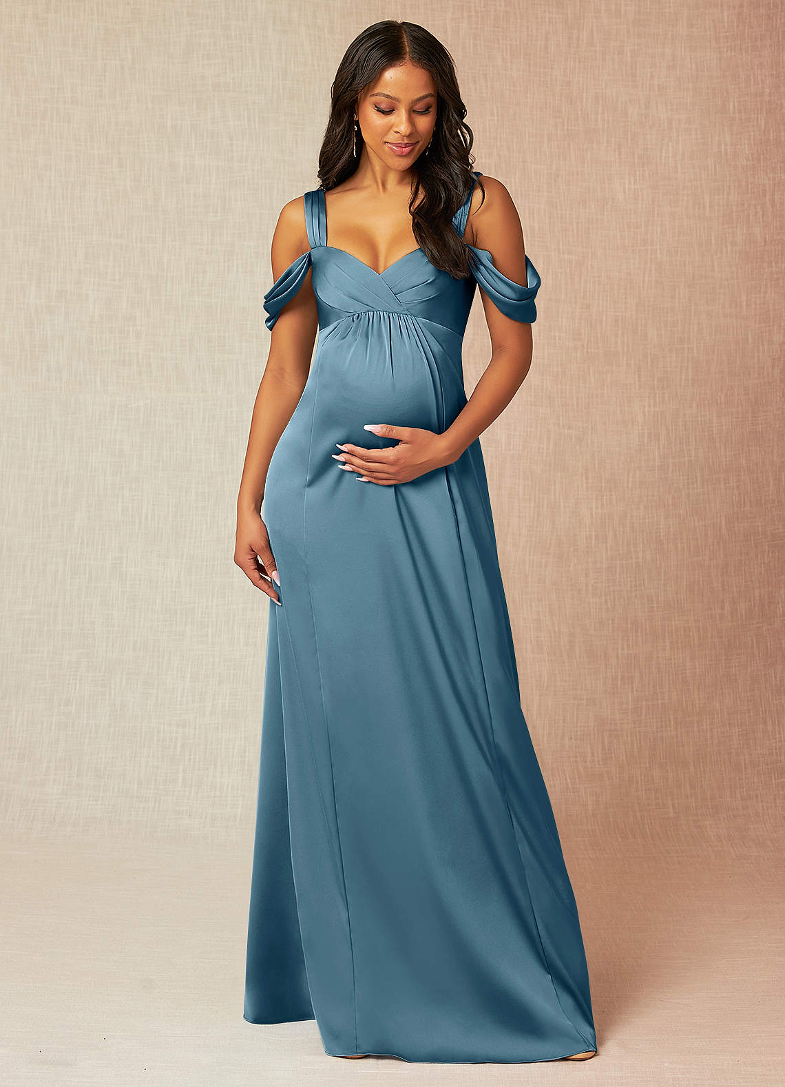 Azazie Rhea Maternity Bridesmaid Dresses A-Line Off-The-Shouler Pleated Stretch Satin Floor-Length Dress image1
