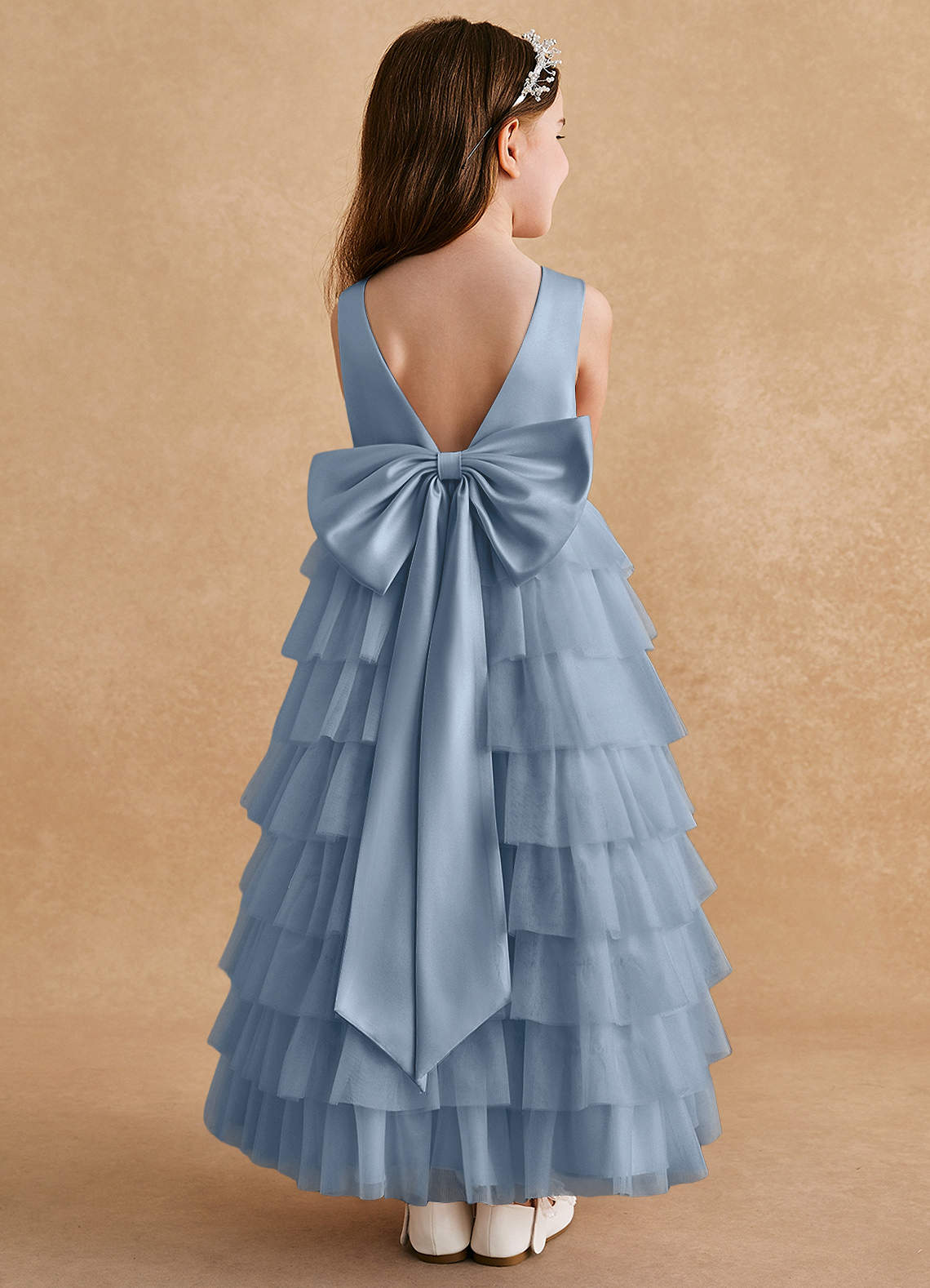 Azazie Twinkle Toes Flower Girl Dresses Dusty Blue A-Line Bow Tulle Dress image1