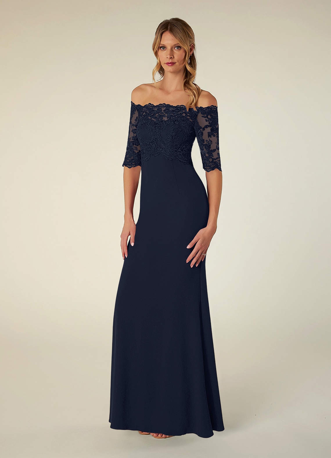 Azazie Jette Dark Navy Mermaid Off the Shoulder Lace Dress | Azazie