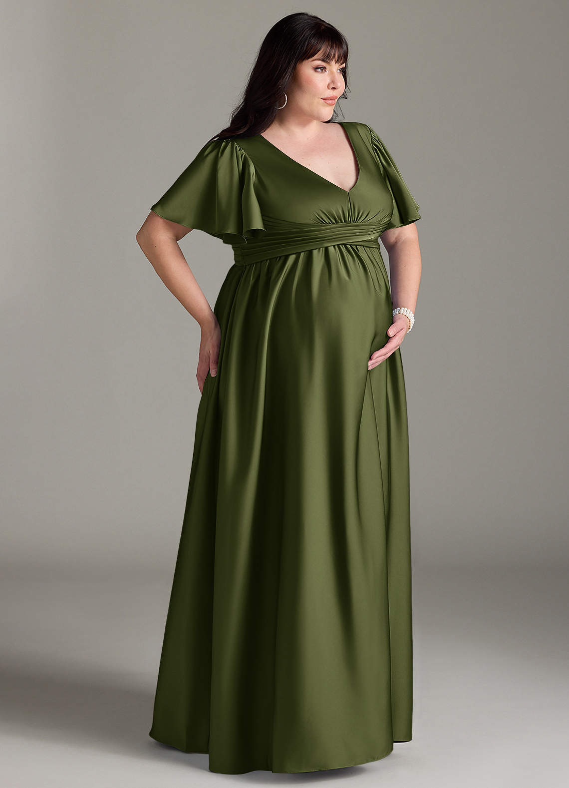 Azazie Verna vestidos de dama de honor de maternidad Vestido de Corte en A Volante Hasta el suelo Satén Elástico image11