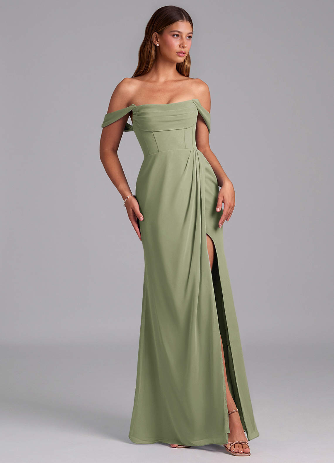 Azazie Johana Brautjungfernkleider Wandelbar Meerjungfrau-Linie Schulterfrei Chiffon Kleid Pistazie image5