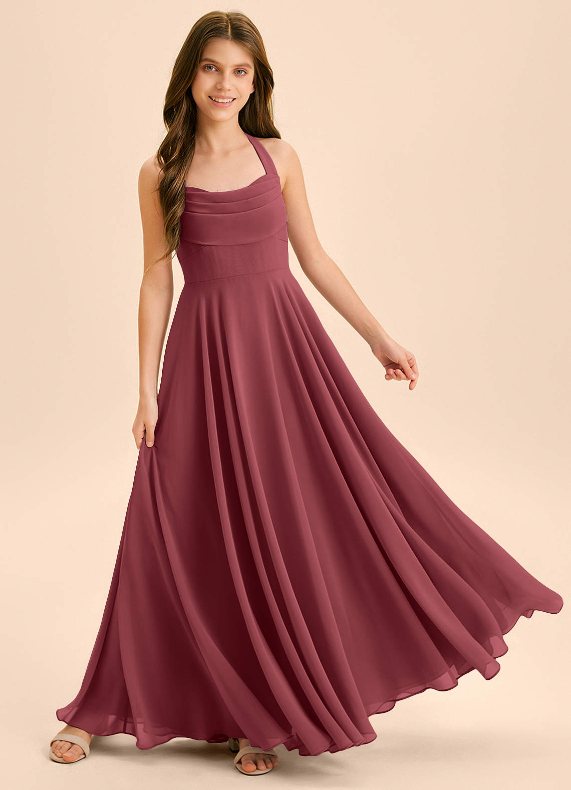 Azazie Kady Junior Vestido Merlot de Chiffon de Linha A com Decote em coração image3
