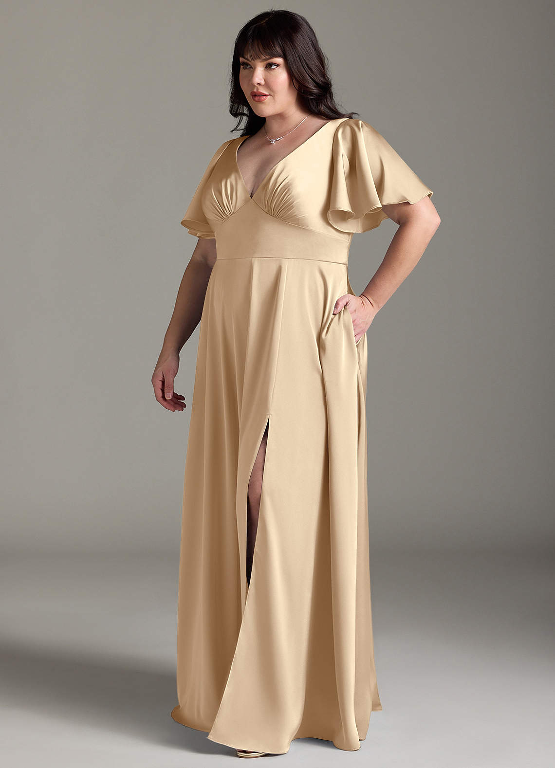 Azazie Kimber Bridesmaid Dresses Champagne A-Line Ruched Stretch Satin Dress image9