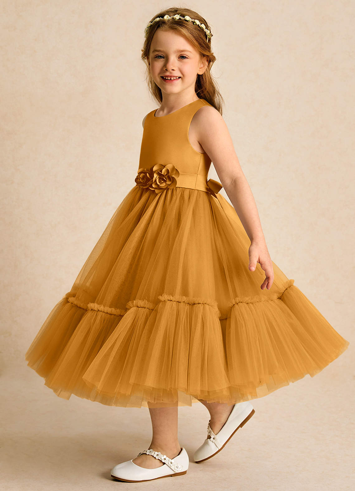 Azazie Miracle Flower Girl Dresses Butterscotch A-Line Bow Matte Satin Dress image2