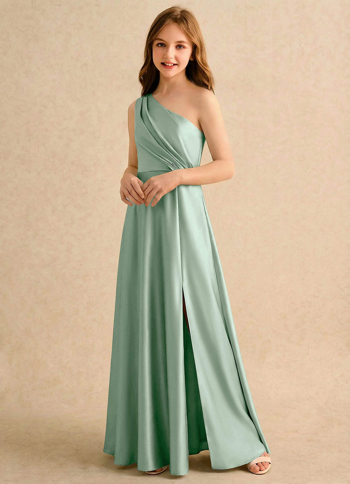 Azazie Puddles Girls Formal Flower Girl Klänningar Klä A-Line i Stretch Satin Ena axeln image3