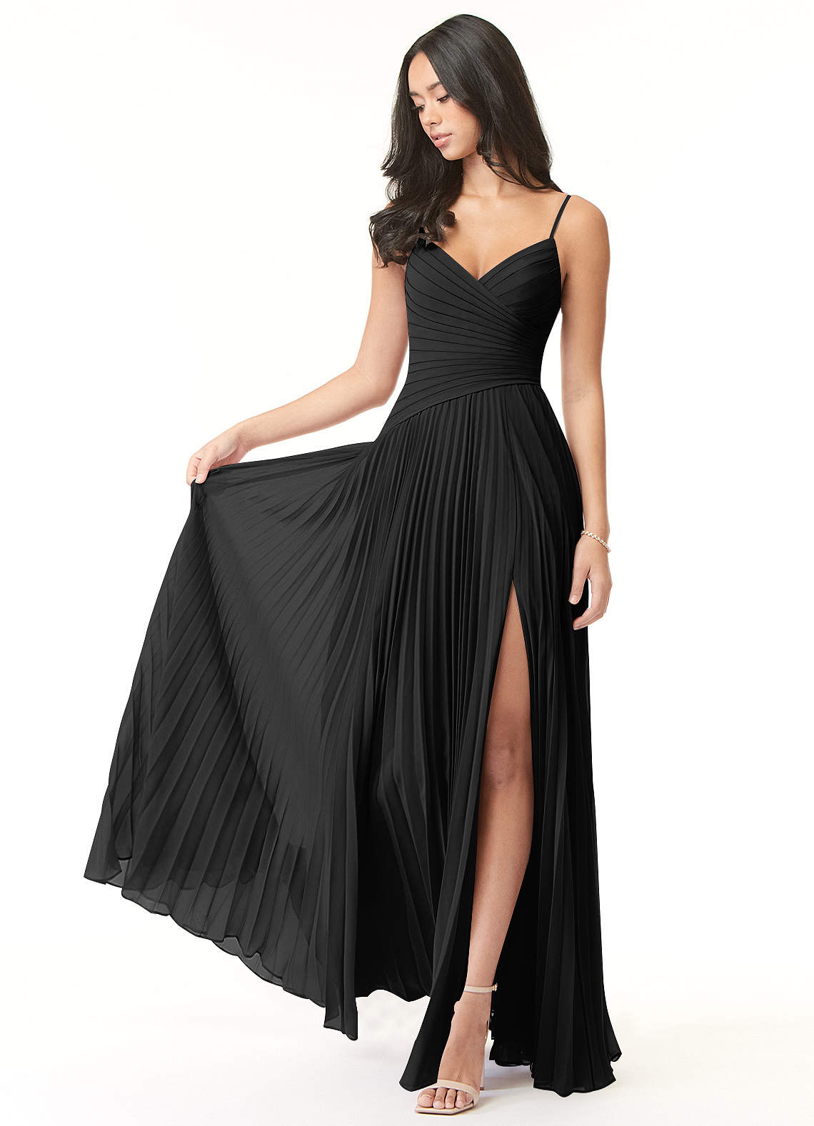 Azazie Vini Bridesmaid Dresses Black A-Line V-Neck Pleated Chiffon Dress image1