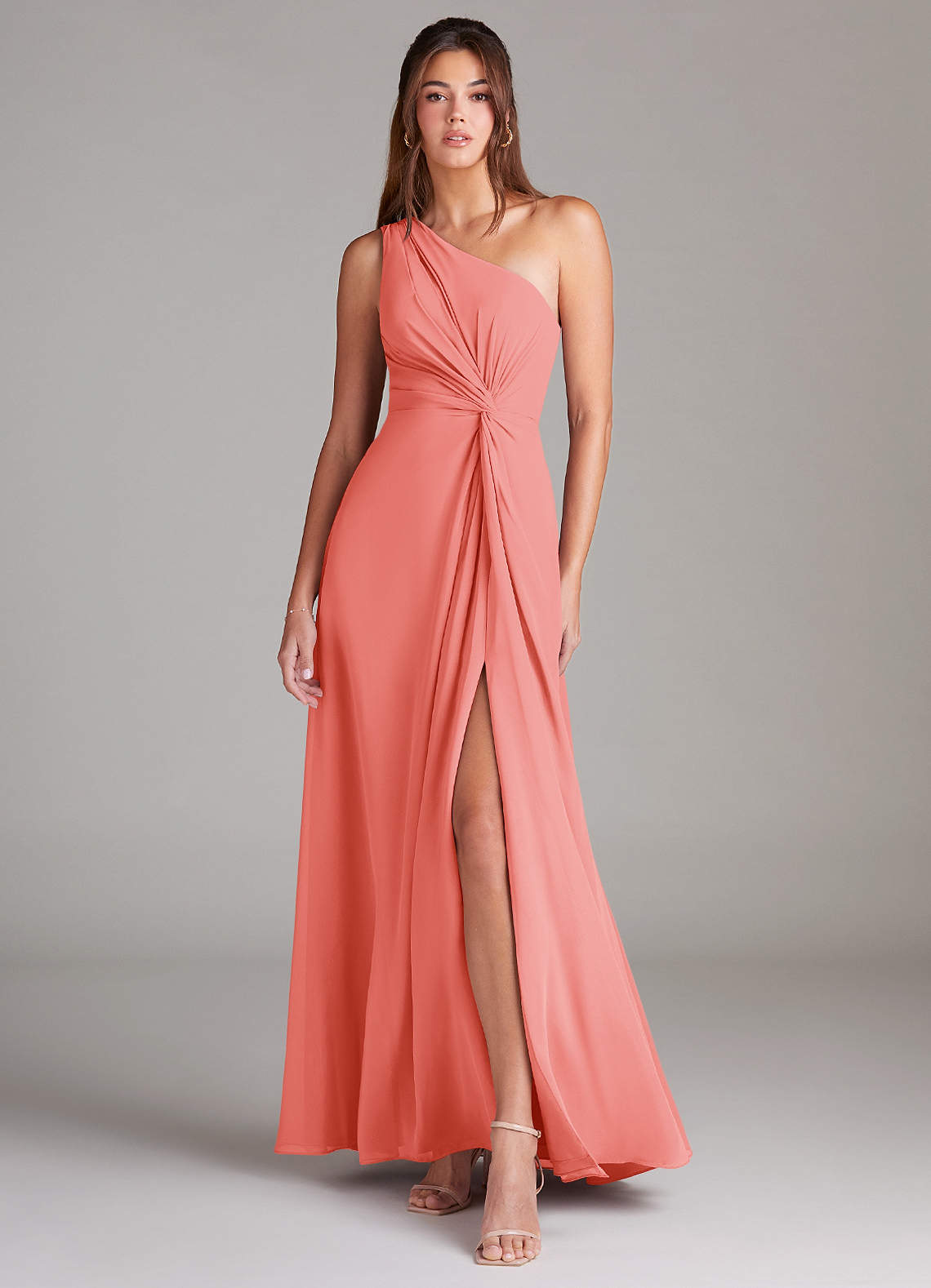Azazie Brooke Bridesmaid Dresses Coral A-Line One Shoulder Chiffon Dress image1