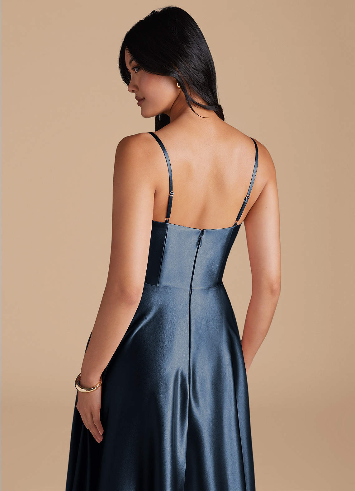 Azazie Elle Suknie dla druhen Linia A z kieszeniami Metaliczny satynowy Do ziemi Sukienka image3