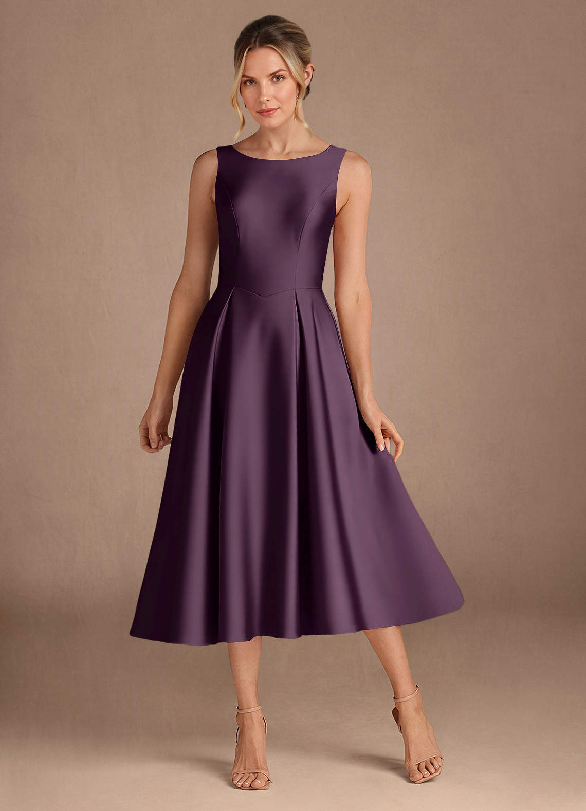 Azazie Fulton Mother of the Bride Dresses Plum A-Line Pleated Stretch Satin Dress image1