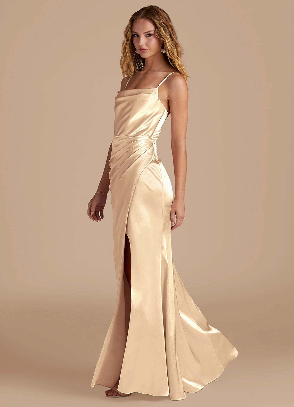 slim fit dress slacks Long Satin Gown with Cowl Neckline and Slit by Cinderella Divine CH172 –  Bridal Hive main image 1