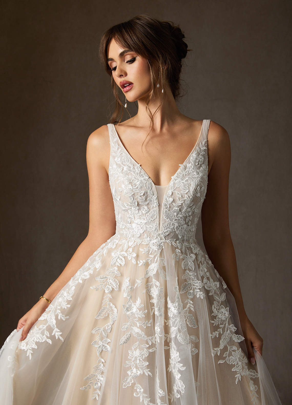 Azazie Sorella Wedding Dresses Diamond White Champagne A-Line V-Neck Sequins Tulle Dress image7
