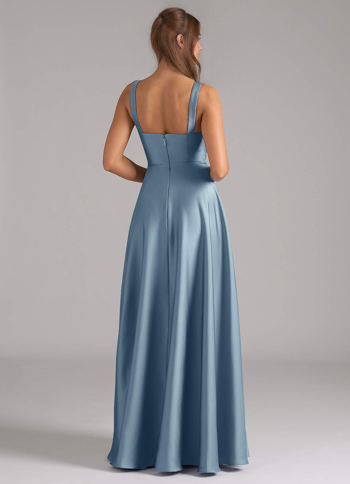 Azazie Shaude Bridesmaid Dresses Dusty Blue A-Line Pleated Stretch Satin Dress image5