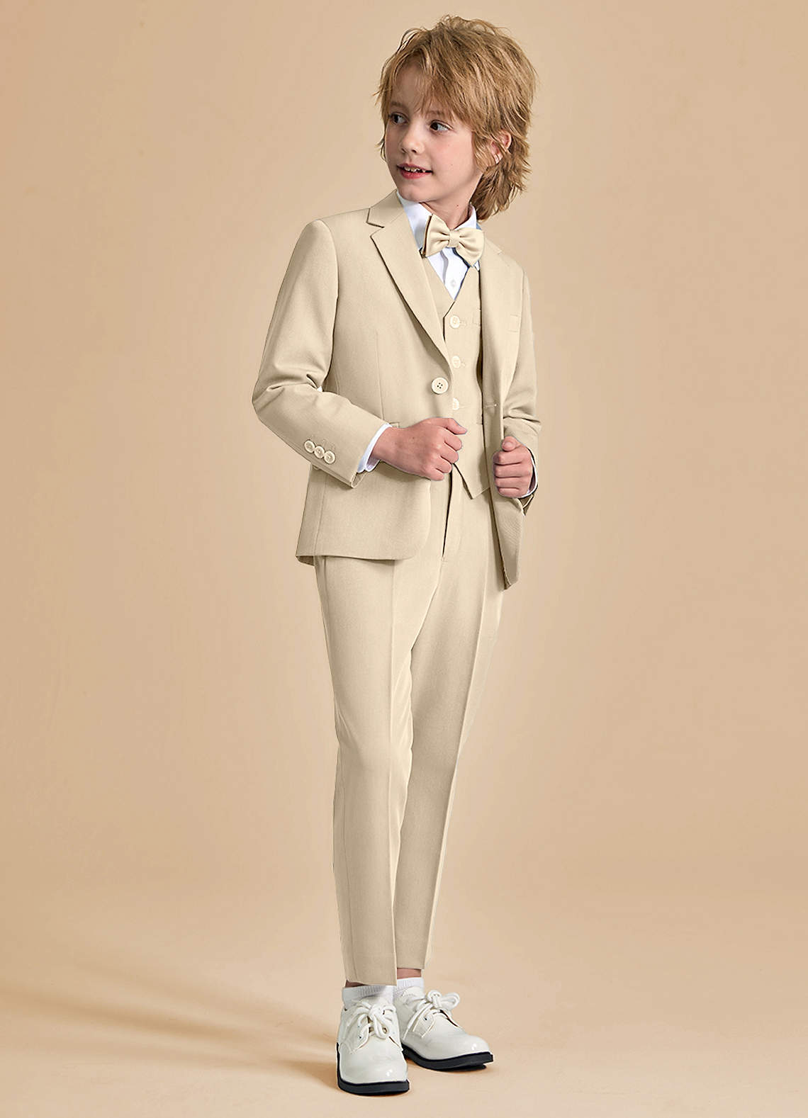 front Oliver Boys Tan 5-Piece Suit With Bow Tie