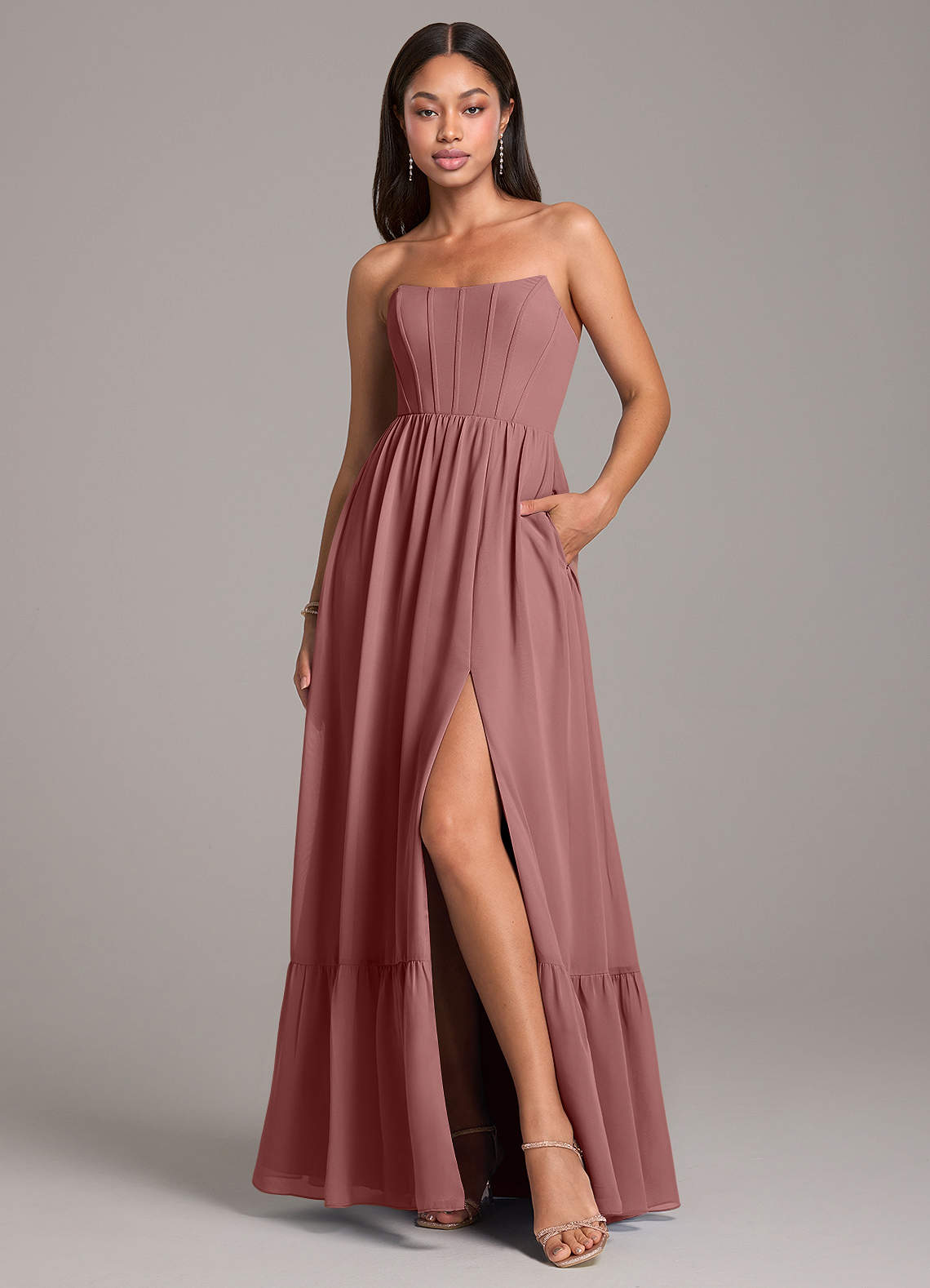 Azazie Kailee Brautjungfernkleider A-Linie mit Taschen Chiffon Kleid Wüstenrose image1