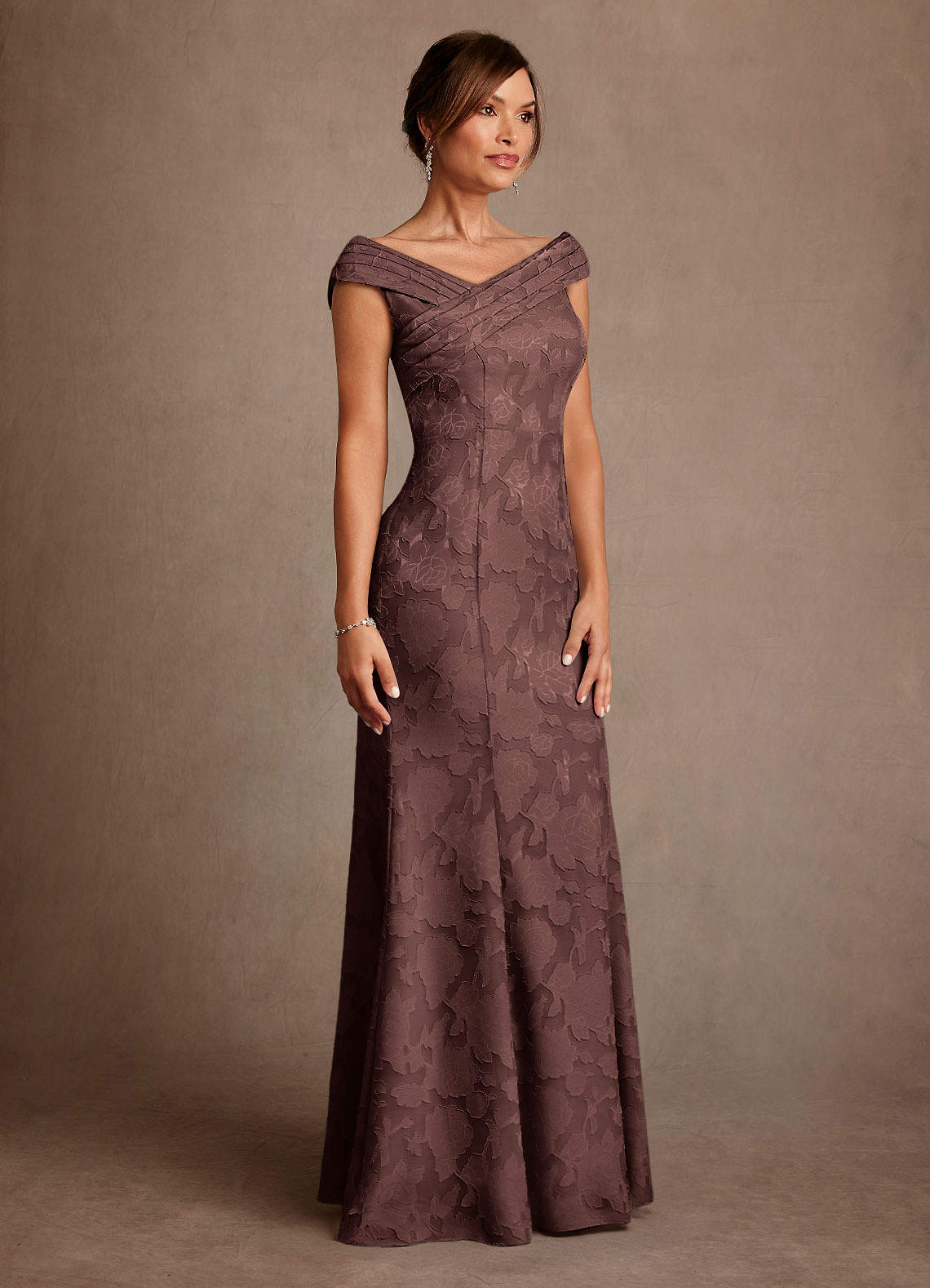 Azazie Aberdeen Mother of the Bride Dresses Espresso Sheath Pleated Floral Burnout Dress image2