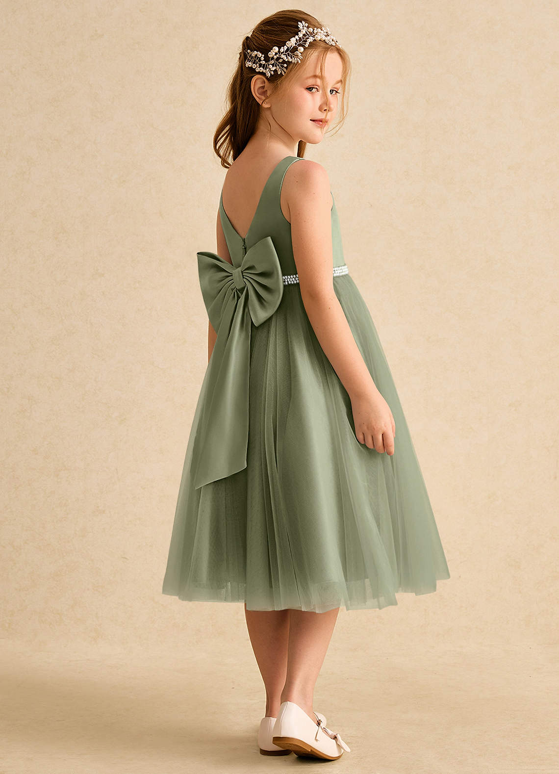 Azazie Firefly Flower Girl Klänningar Klä A-Line i Matt satäng Rosett image1