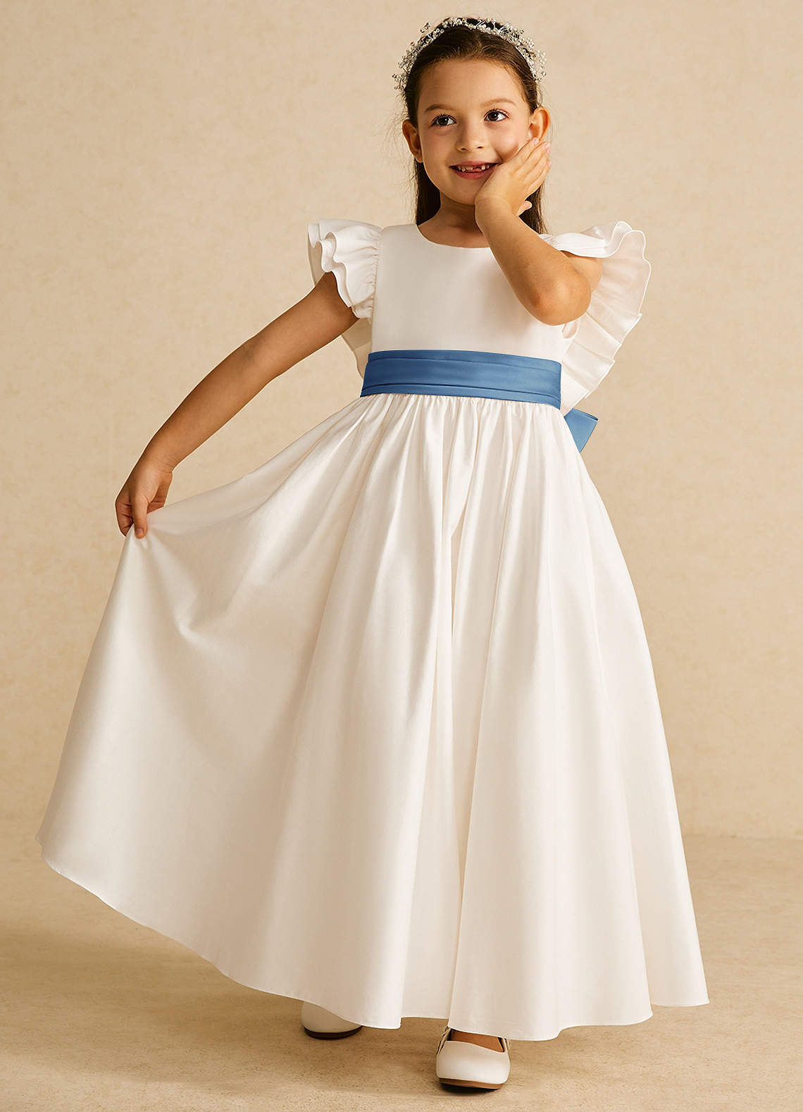 Azazie Aero Flower Girl Dresses Ivory Steel Blue A-Line Pleated Cotton Dress image5