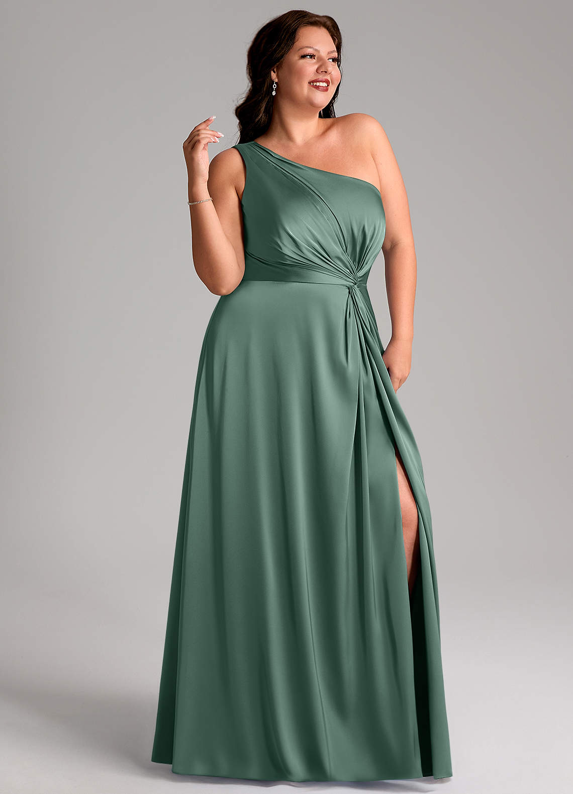 Azazie Brooke Bridesmaid Dresses Eucalyptus A-Line One Shoulder Stretch Satin Dress image10