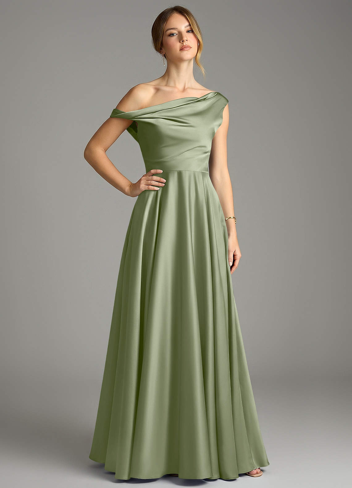 pistachio green satin dress Azazie Xanthe link-moonlight-sequin-draped-long-sleeve-gown