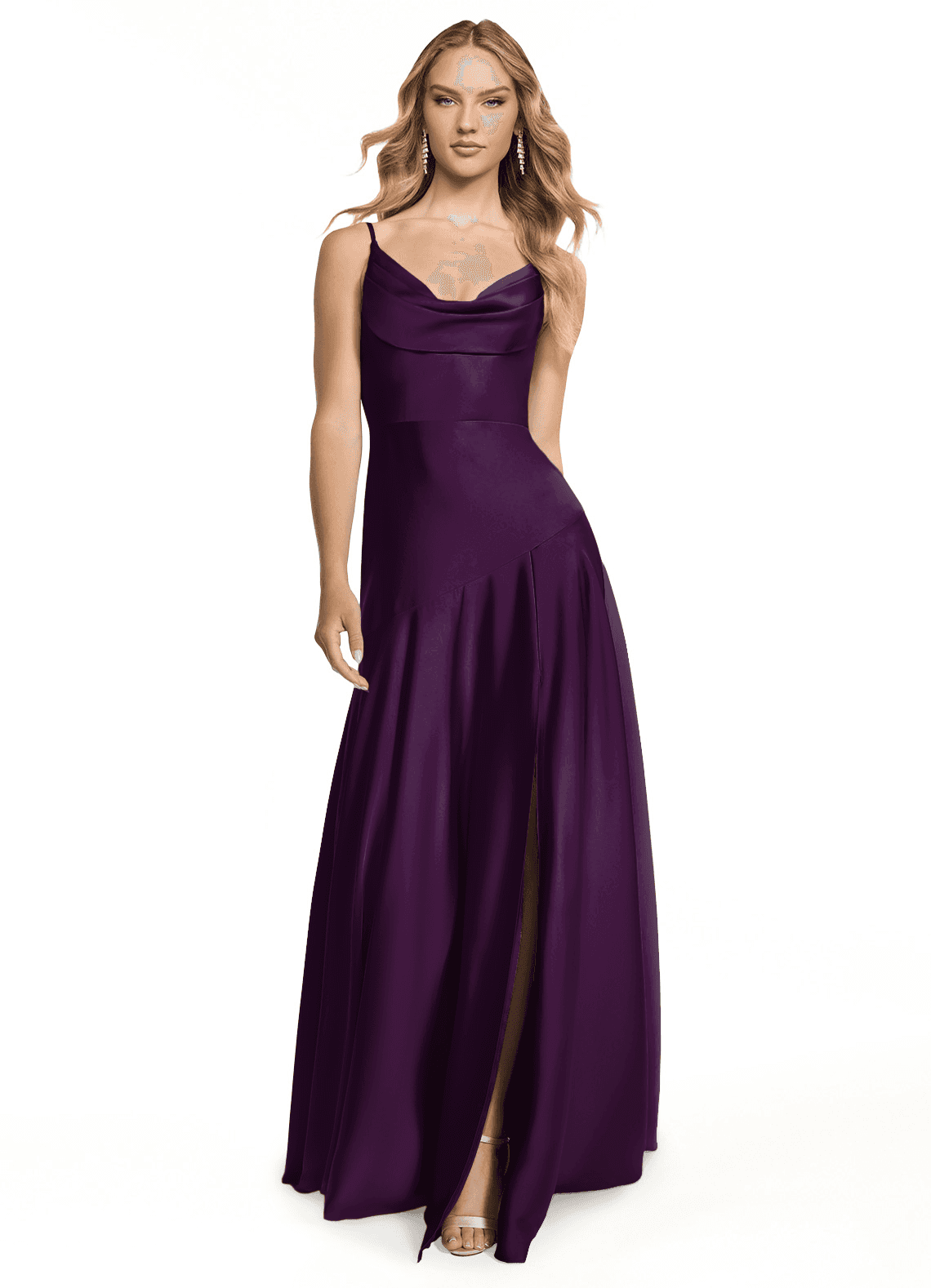 Azazie Kayla Bridesmaid Dresses Grape Sheath Side Slit Stretch Satin Dress image1