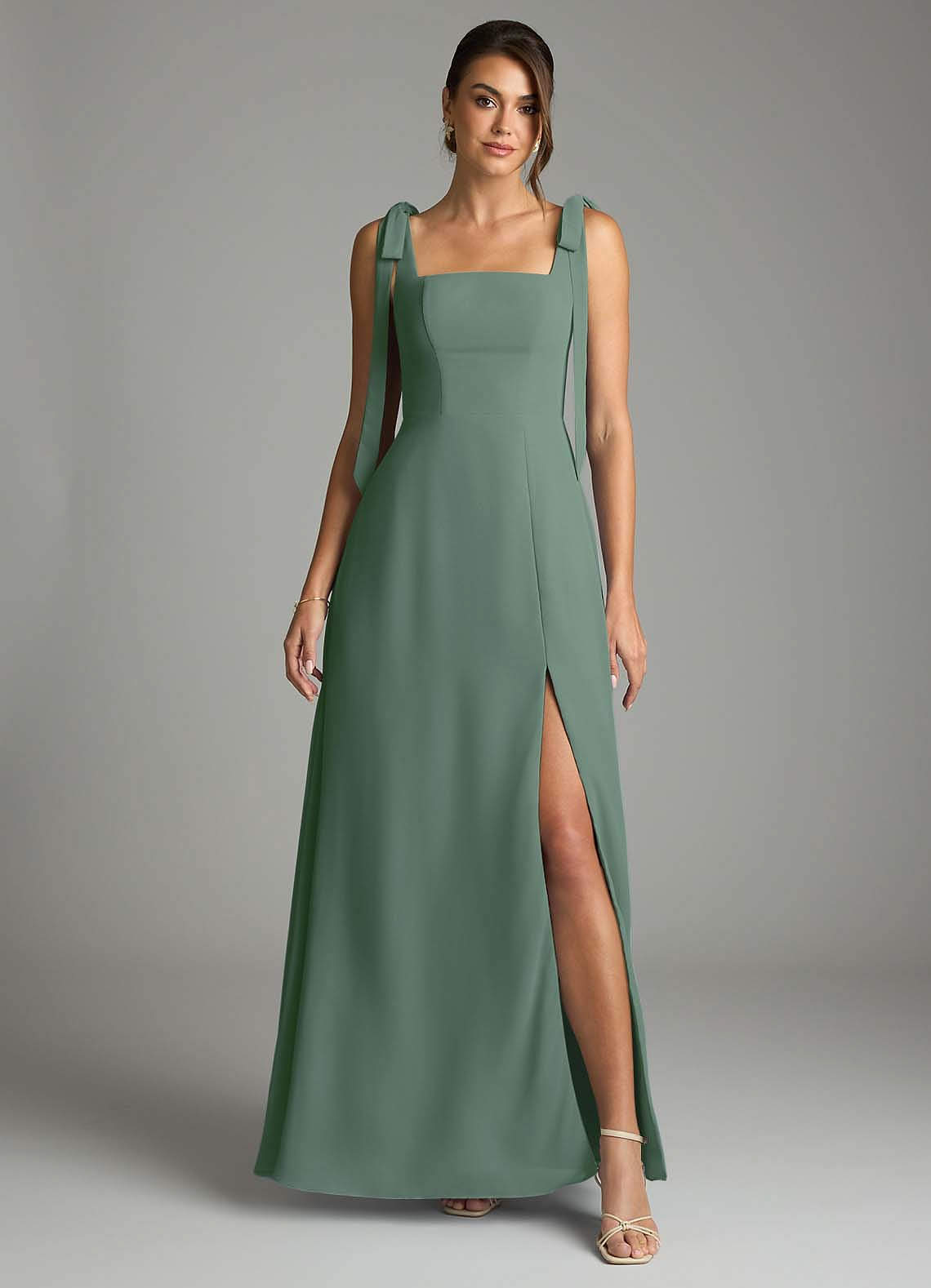 Azazie Debra Bridesmaid Dresses Eucalyptus A-Line with Pockets Chiffon Convertible Dress image6