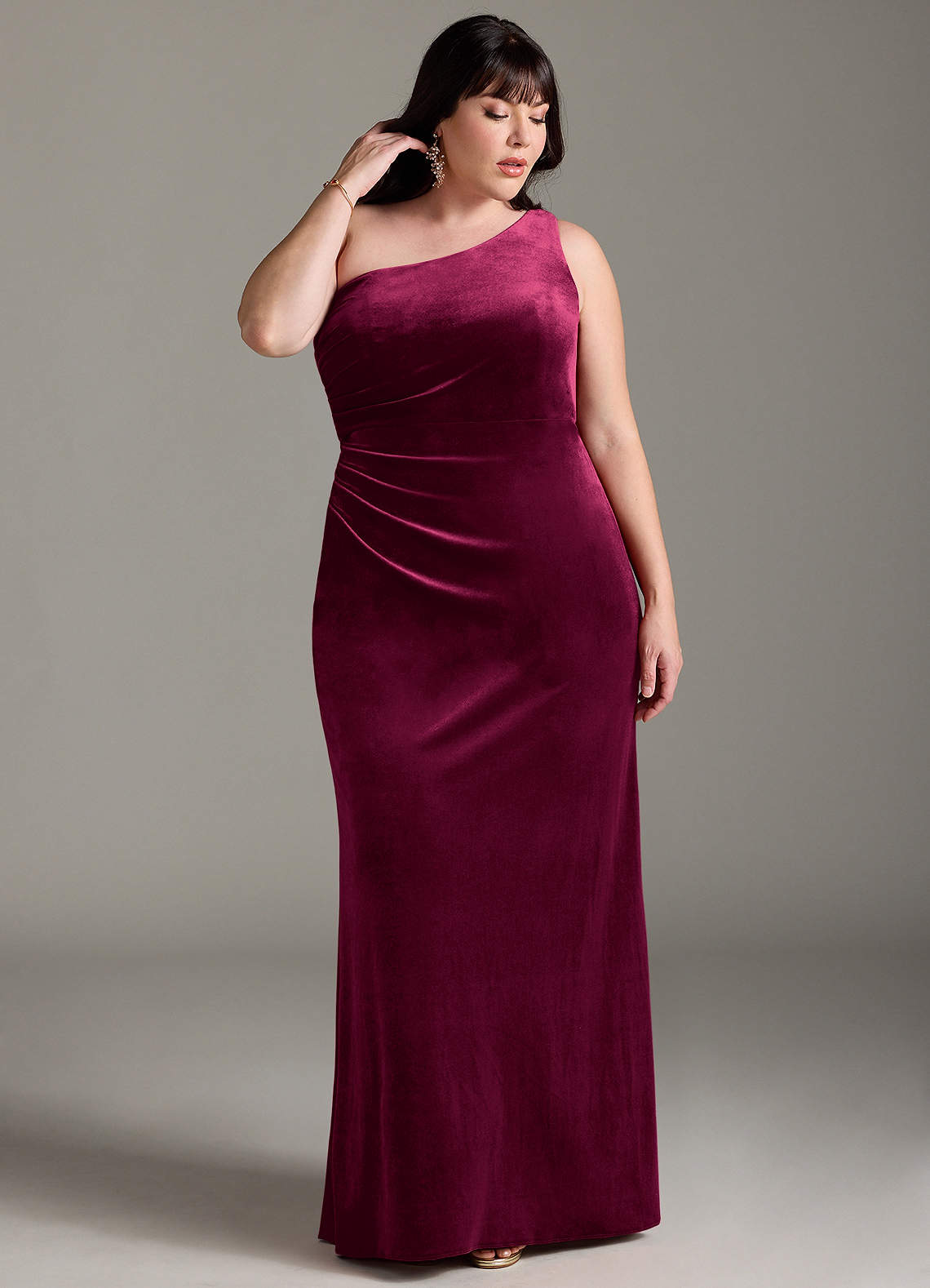 Azazie Argan Bridesmaid Dresses Cabernet A-Line One Shoulder Pleated Velvet Dress image1