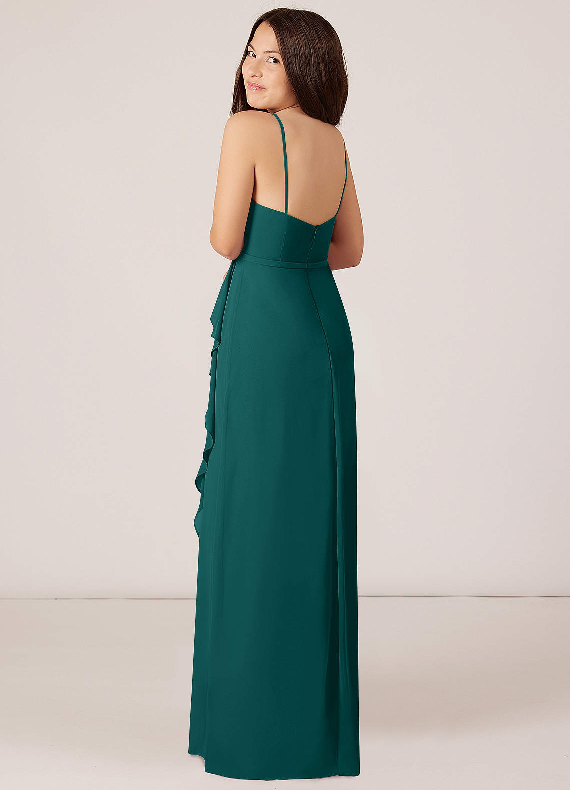 Azazie Kaylee Junior Abito A-Line in Chiffon Con Cintura Verde Pavone image4