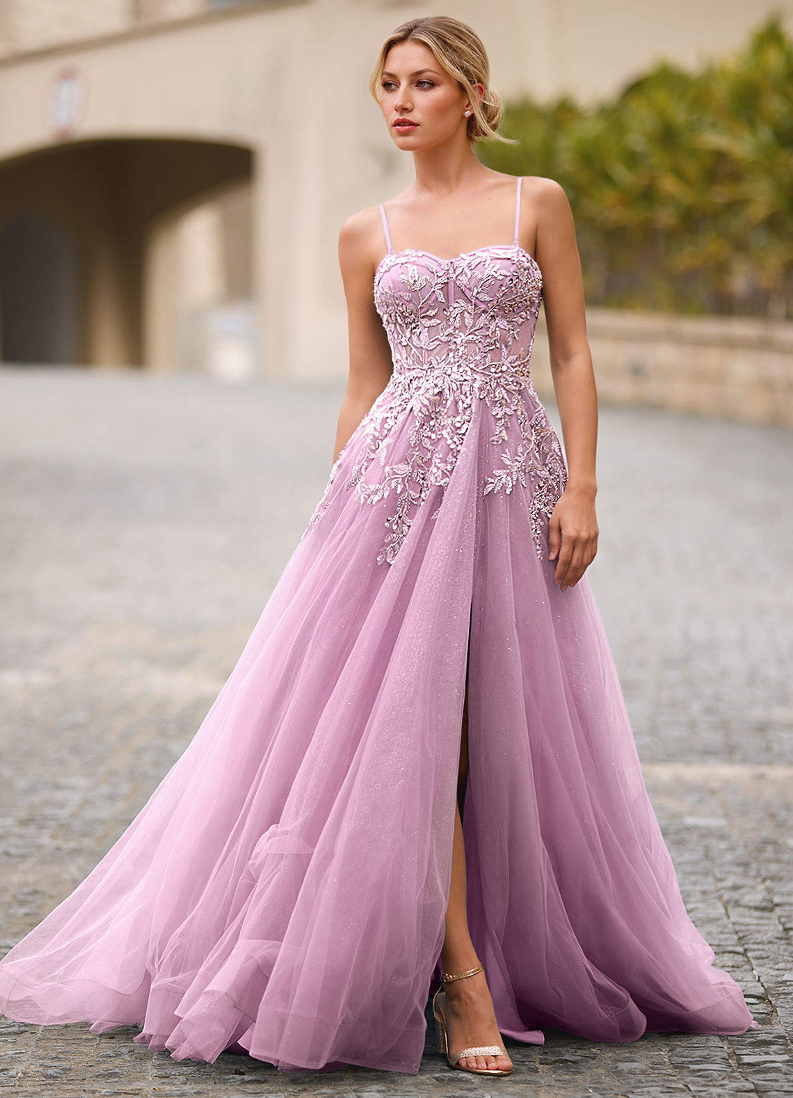 green emerald velvet dress Wedtrend Women Sparkly Light Purple Long Prom Dress with Slit Mermaid Spaghetti Straps Corset Evening Dress, Lilac / US10 main image 0