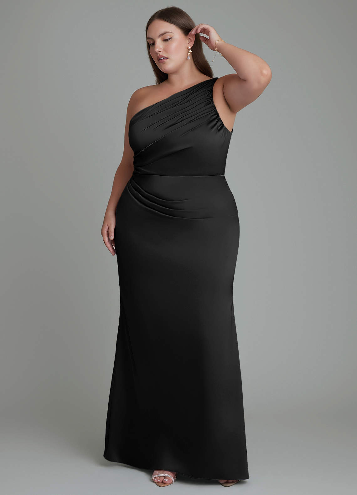 Azazie Akilah Bridesmaid Dresses Black Mermaid One Shoulder Stretch Satin Dress image9