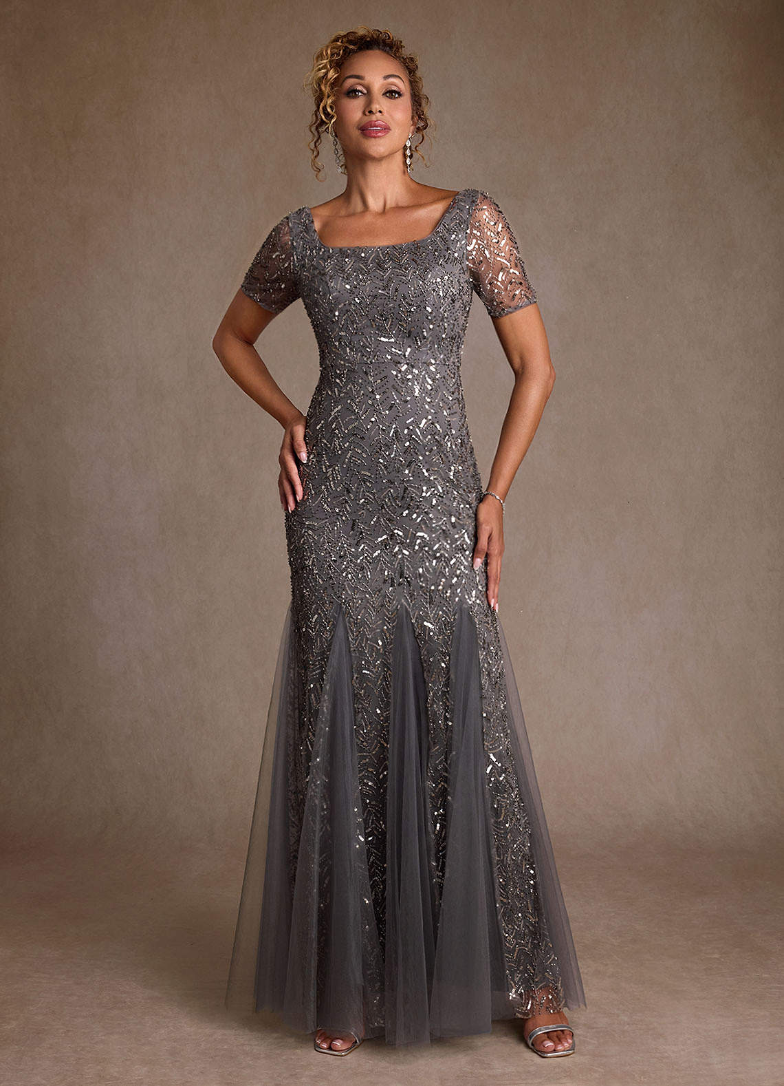 Azazie Brisa Abiti per la Madre della Sposa Abito Tromba in Paillettes/Lustrini Grigio Acciaio image1