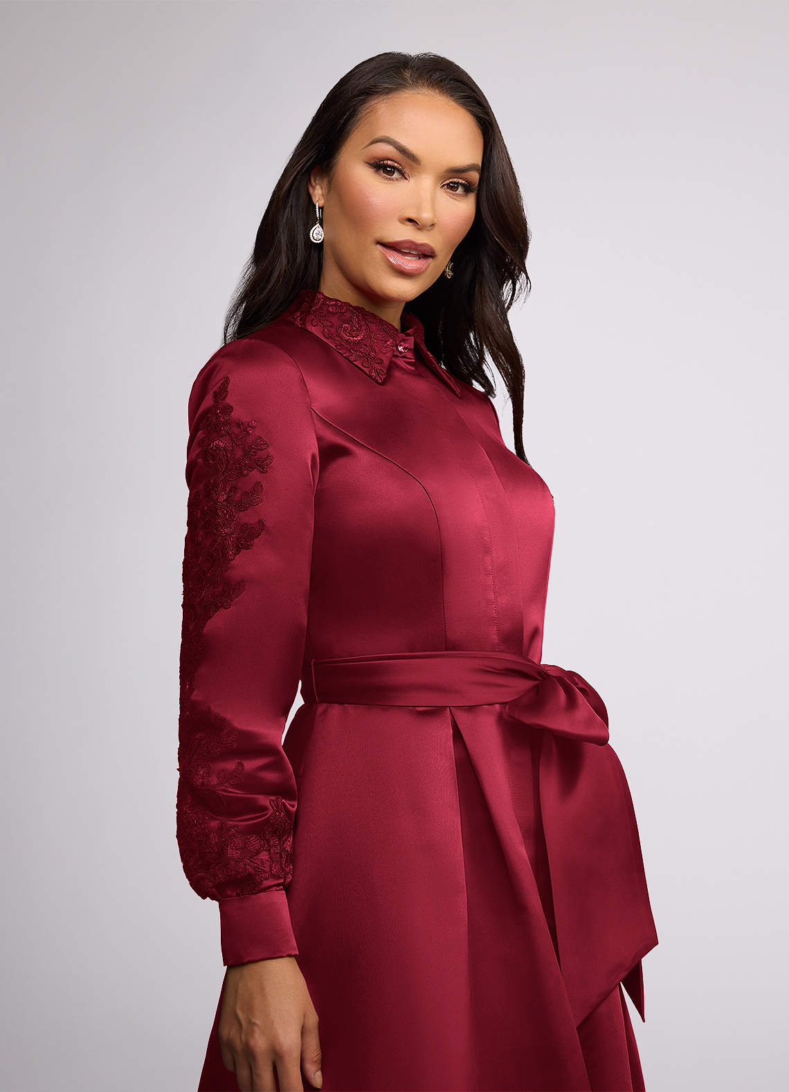 Azazie Ruth Mother of the Bride Dresses Burgundy A-Line Lace Matte Satin Dress image2