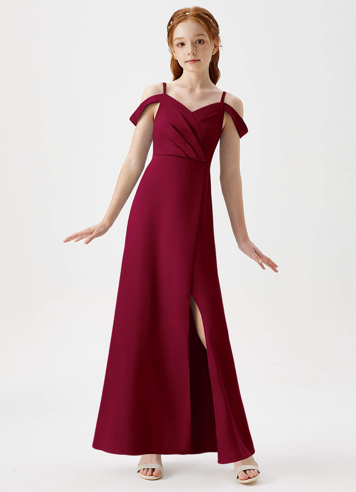 Azazie Ocean Junior Burgundy A-Line Off the Shoulder Stretch Satin Dress image1