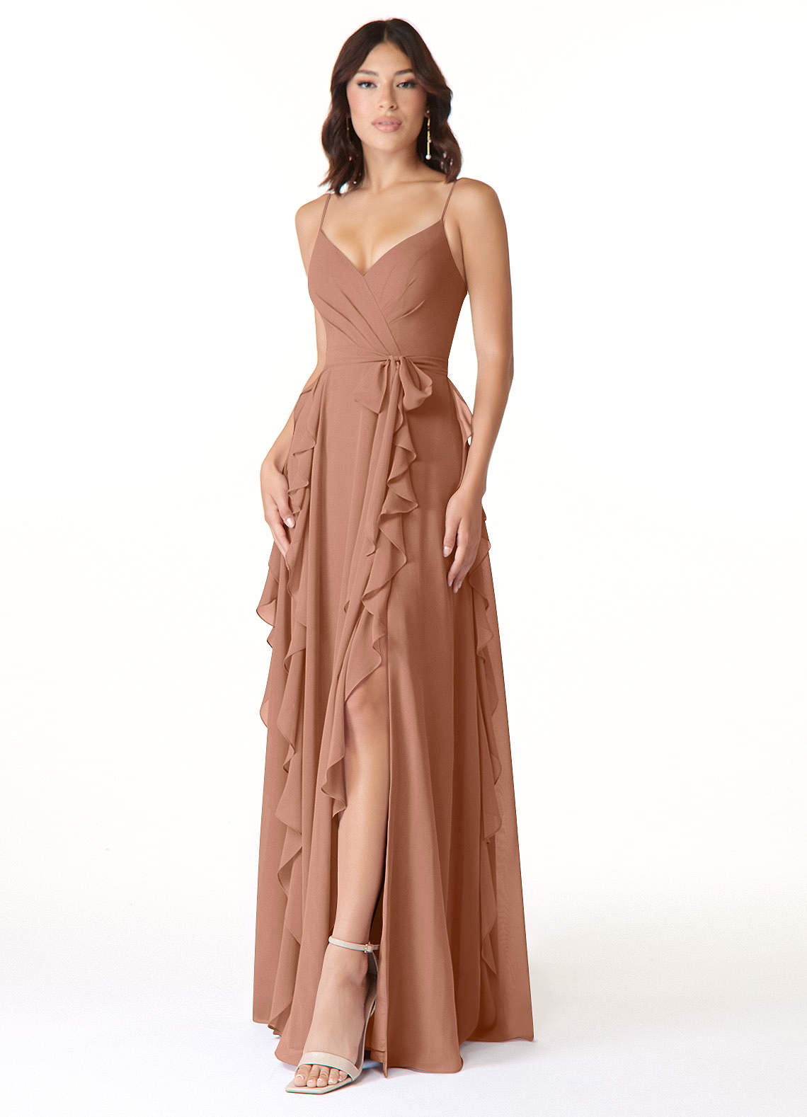 Azazie Peyton Robes de demoiselle d'honneur Robe Trapèze en Mousseline de soie Rayé Bronze image1