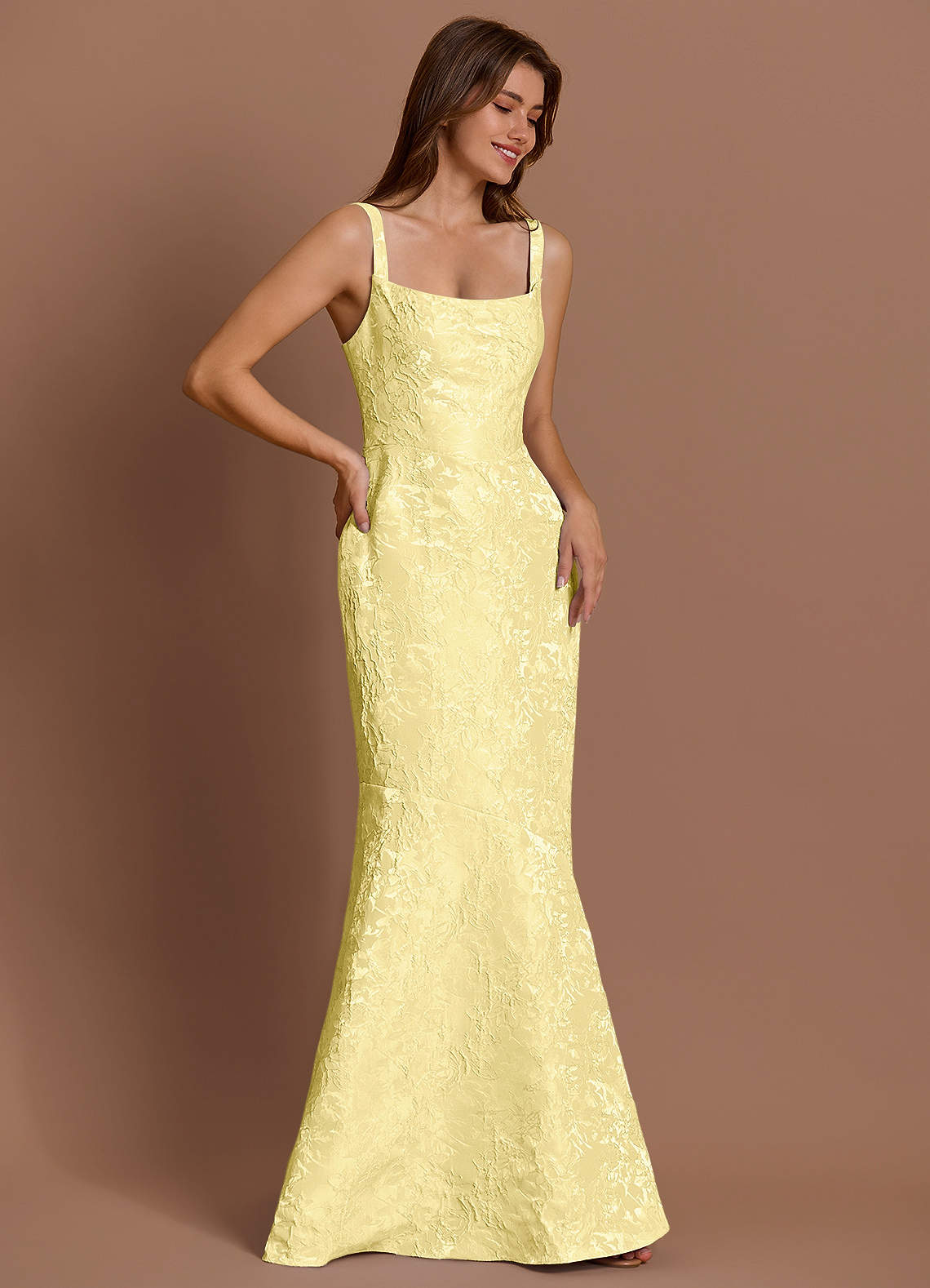 Azazie Floor-Length Maxi Dresses Mermaid Wedding Guest Formal Dresses Scoop Yellow