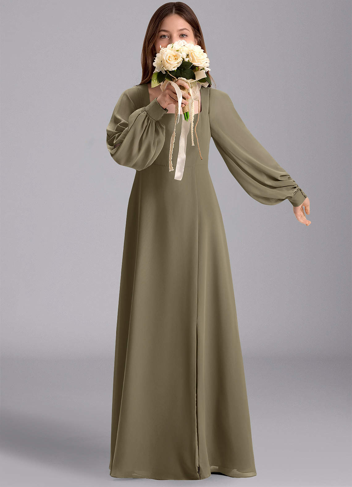 Azazie Bondi Junior Willow Green A-Line Blouson Chiffon Dress image1