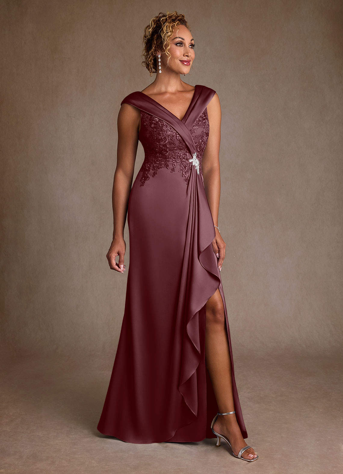 Azazie A-Line/Princess V-Neck Floor-Length Lace Mother of the Bride or Groom Dresses - Sangria