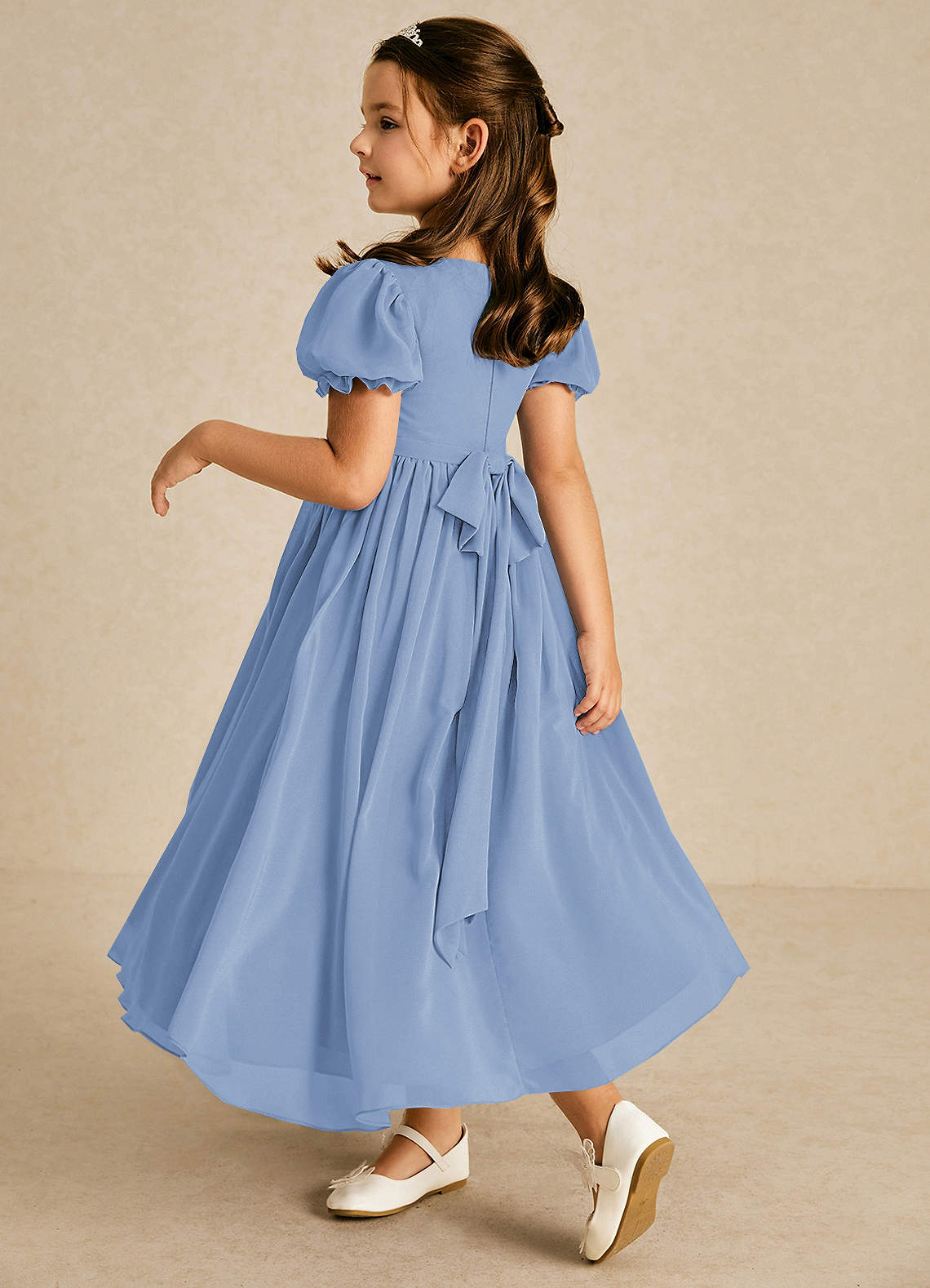 Azazie Joss Flower Girl Dresses Steel Blue A-Line with Sleeves Chiffon Dress image1