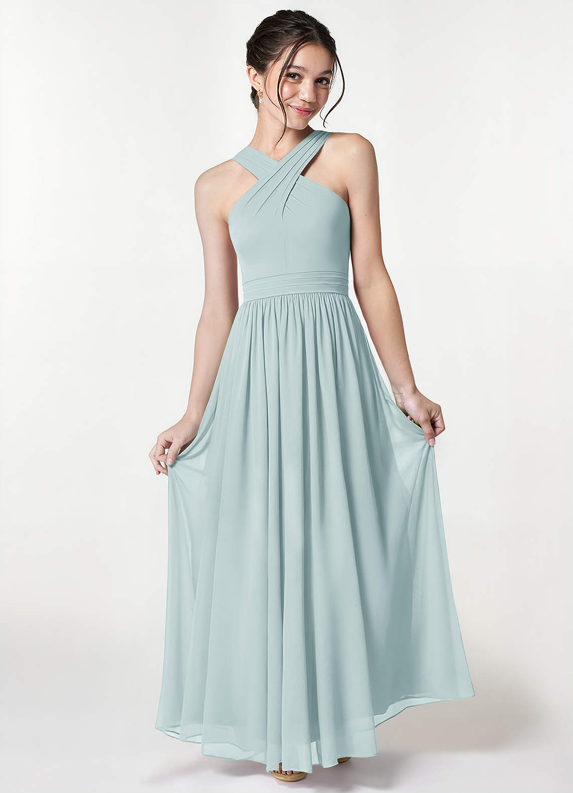 Azazie Jiya Junior Mist A-Line Pleated Mesh Dress image1