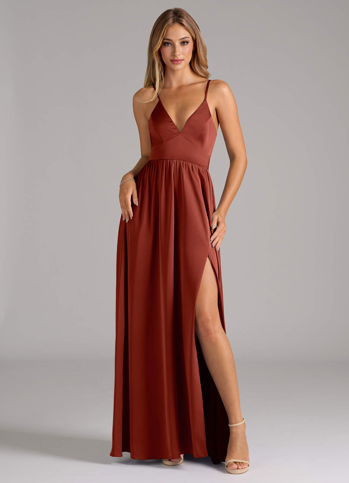 Azazie Aaida Bridesmaid Dresses Terracotta A-Line Corset Stretch Satin Dress image1