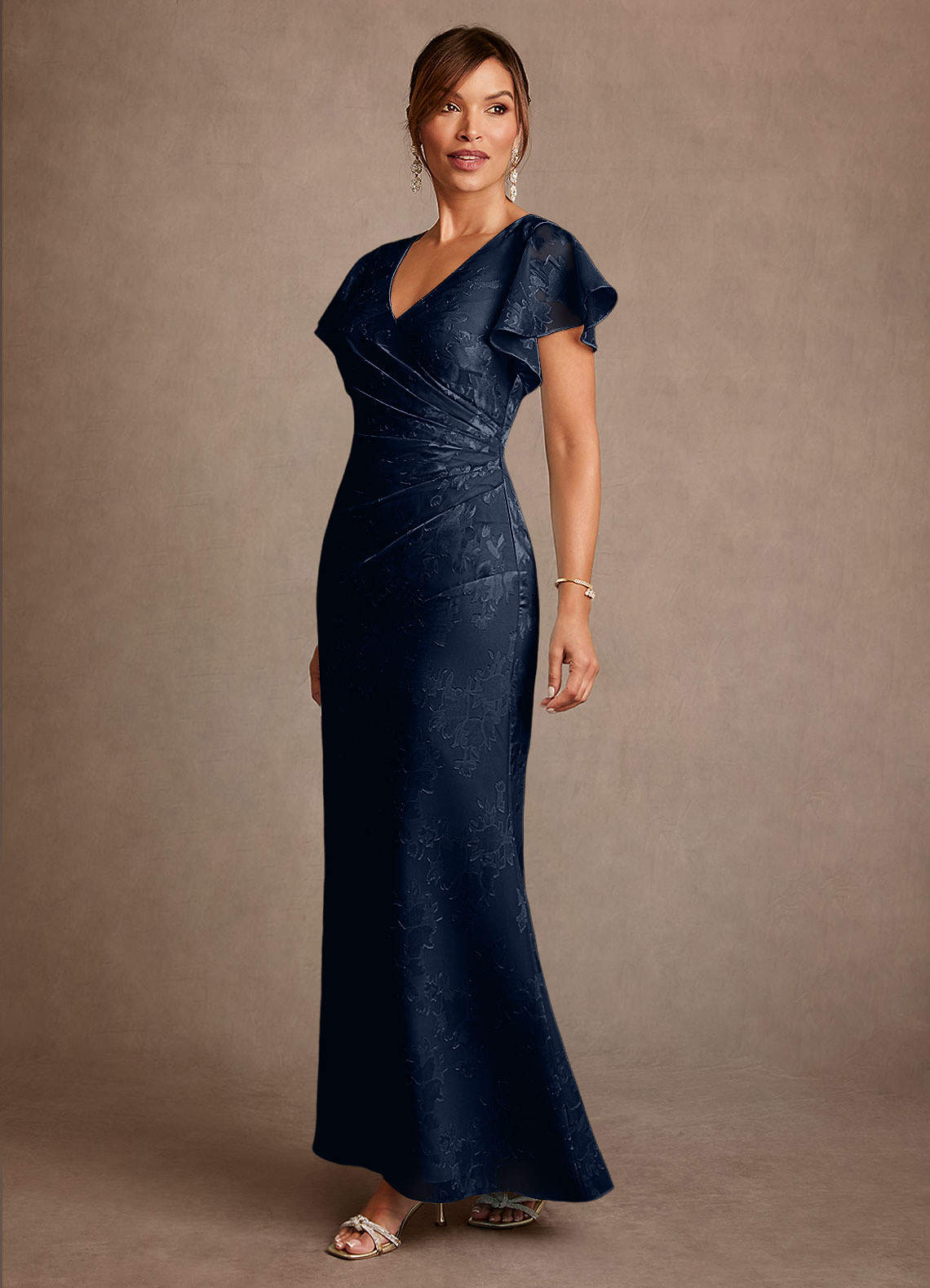 Azazie Dorina Final Sale Dark Navy Sheath Pleated Floral Jacquard Dress image3