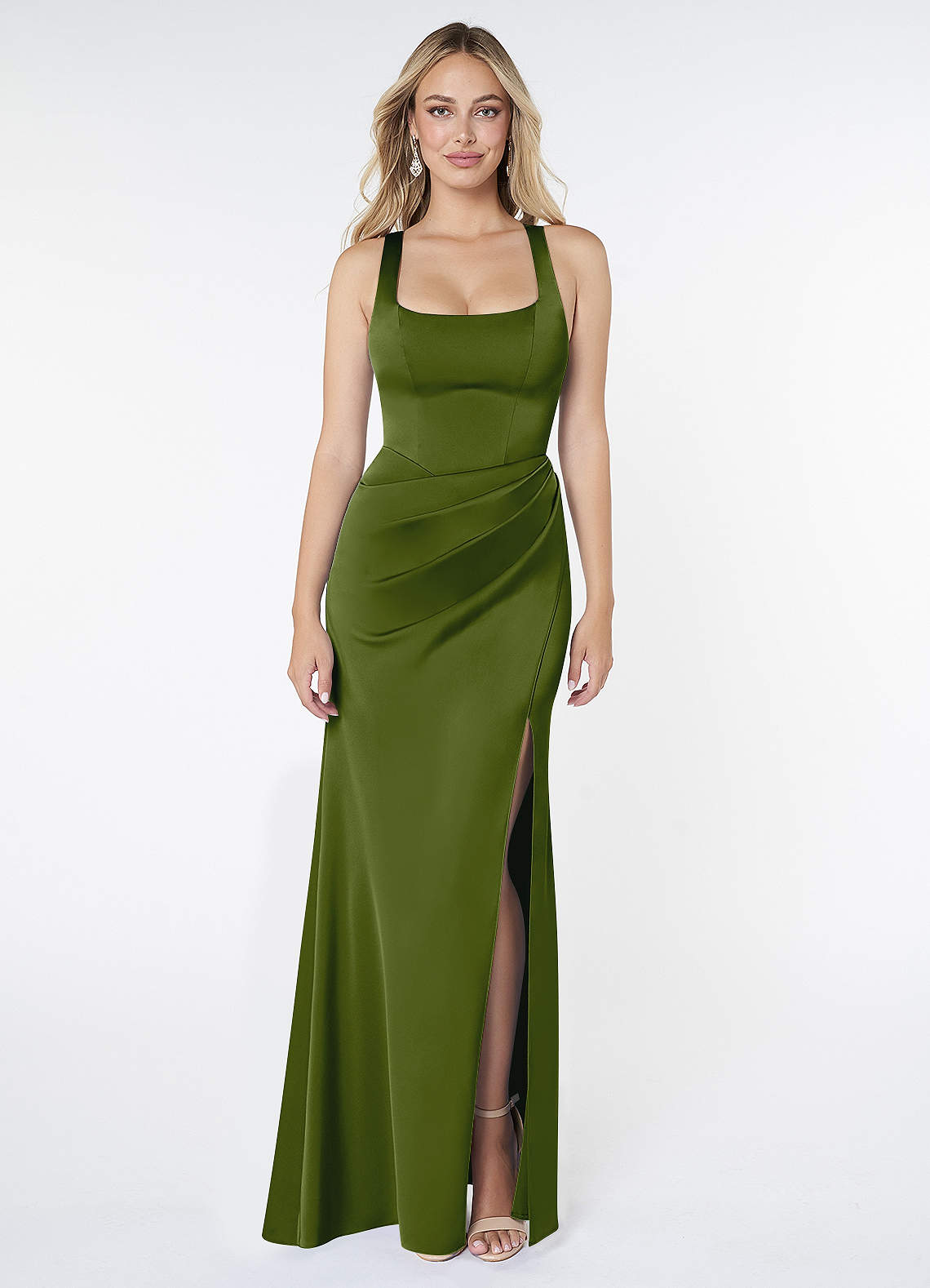 Azazie Mero Bridesmaid Dresses Juniper Sheath Pleated Stretch Satin Dress image1