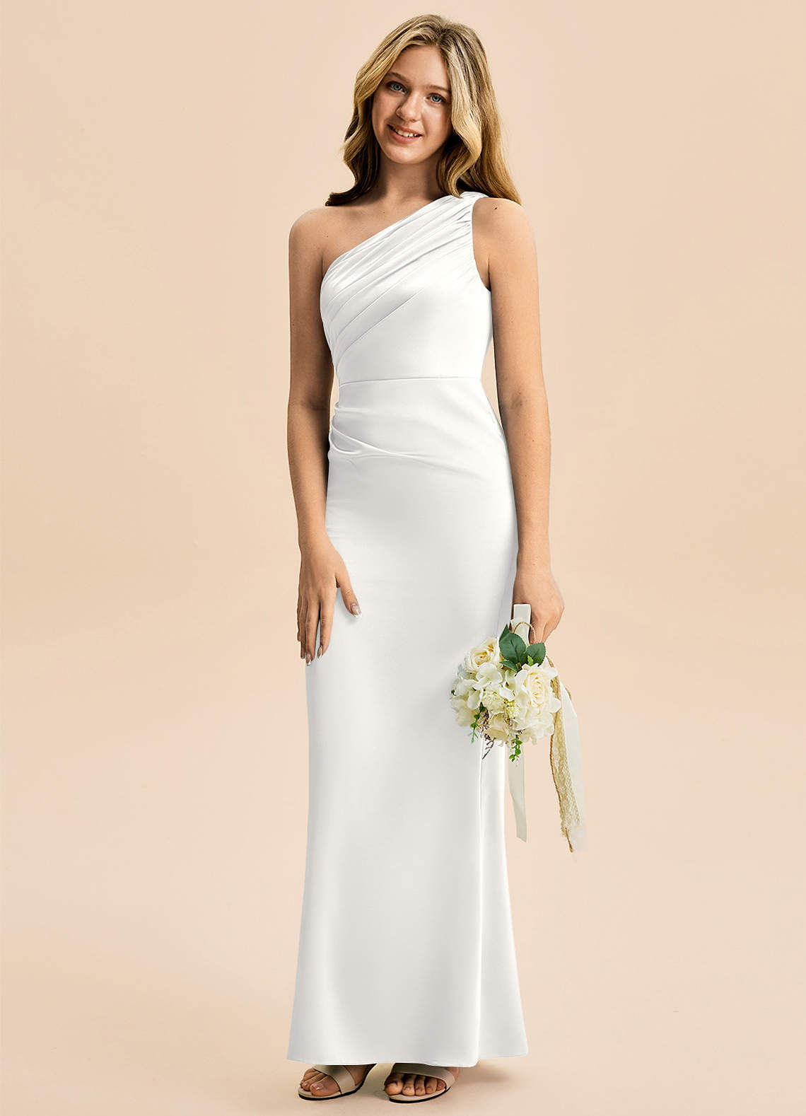 Azazie Akilah Junior White Sheath Pleated Stretch Satin Dress image4