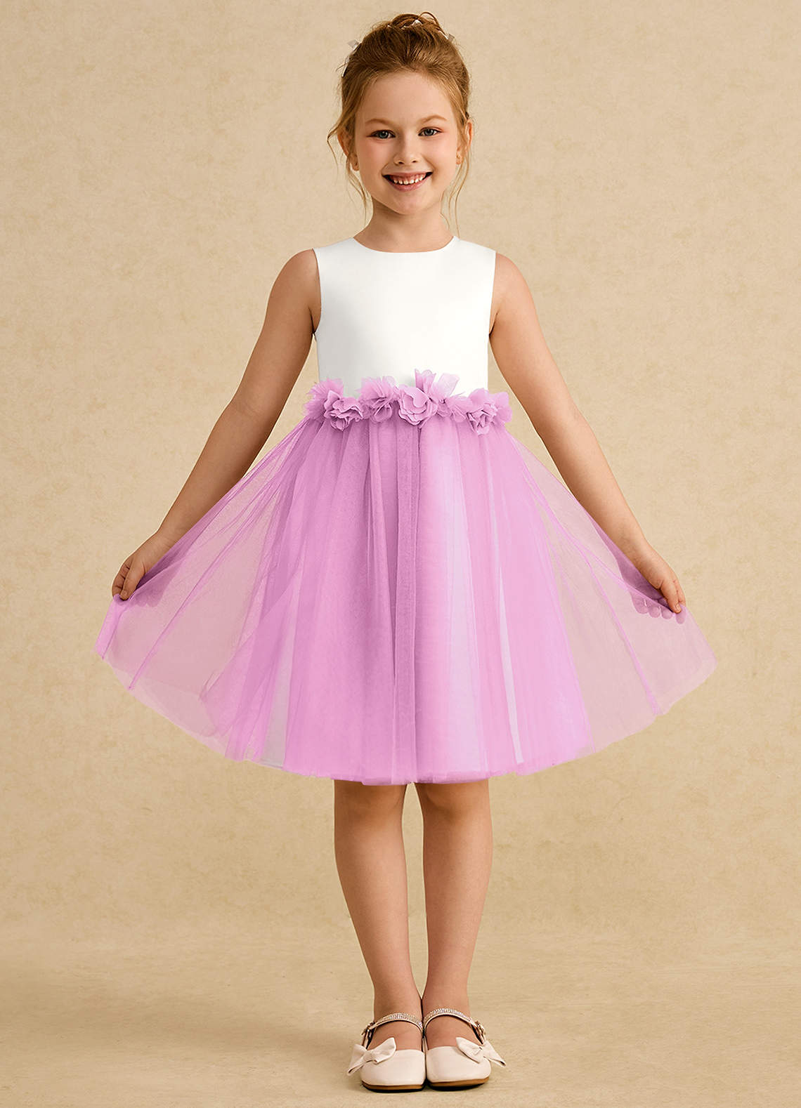 Azazie Louisa Abiti da Ragazza di Fiori Abito A-Line in Tulle Senza Maniche Avorio Rosa Confetto image1