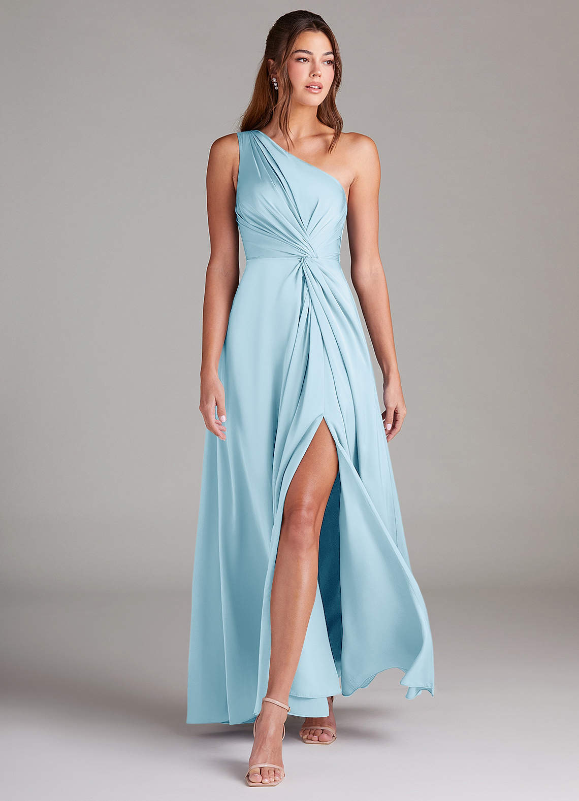 Azazie Brooke Bridesmaid Dresses Sky Blue A-Line One Shoulder Stretch Satin Dress image2