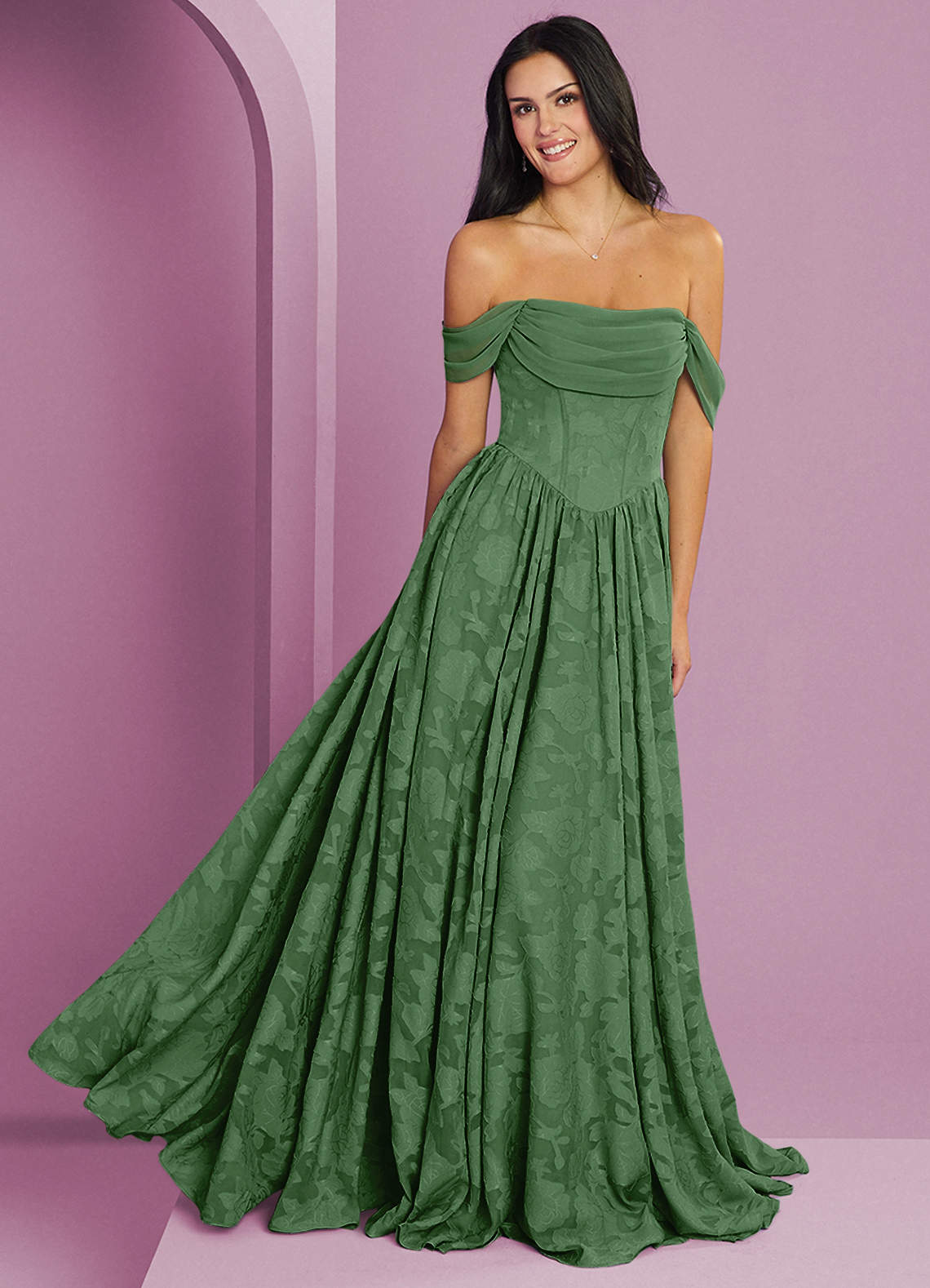 Barbie ♥ Azazie Bridesmaid Dresses Eucalyptus A-Line Off the Shoulder Floral Burnout Convertible Dress image1