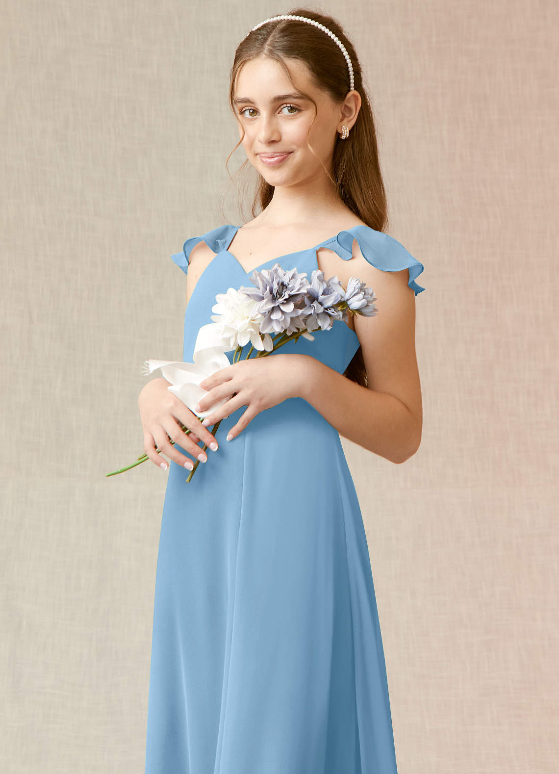 Azazie Everett Junior Vestido de Azul Acero de Gasa de Corte En A image5