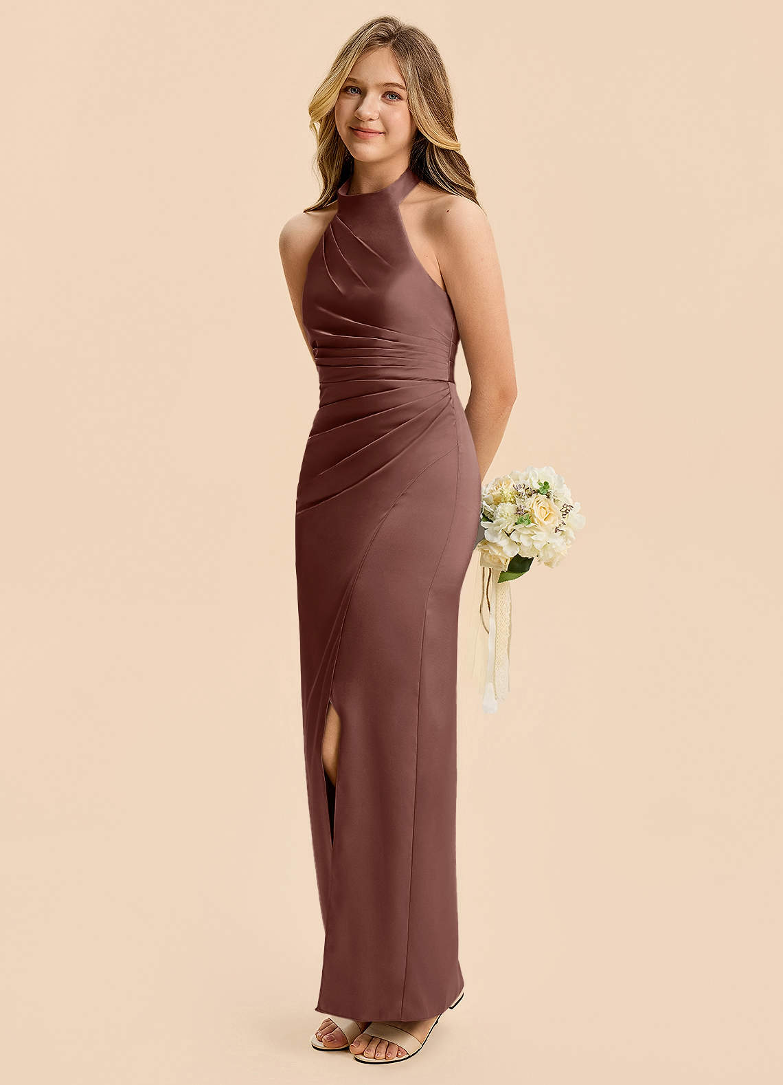 Azazie Jemma Junior Espresso Sheath Ruched Stretch Satin Dress image4