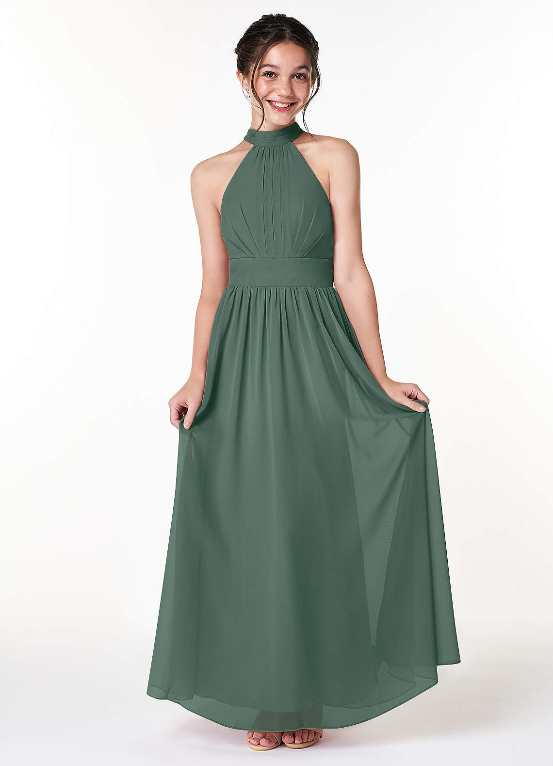 Azazie Iman Junior Sea Moss A-Line Pleated Chiffon Dress image1