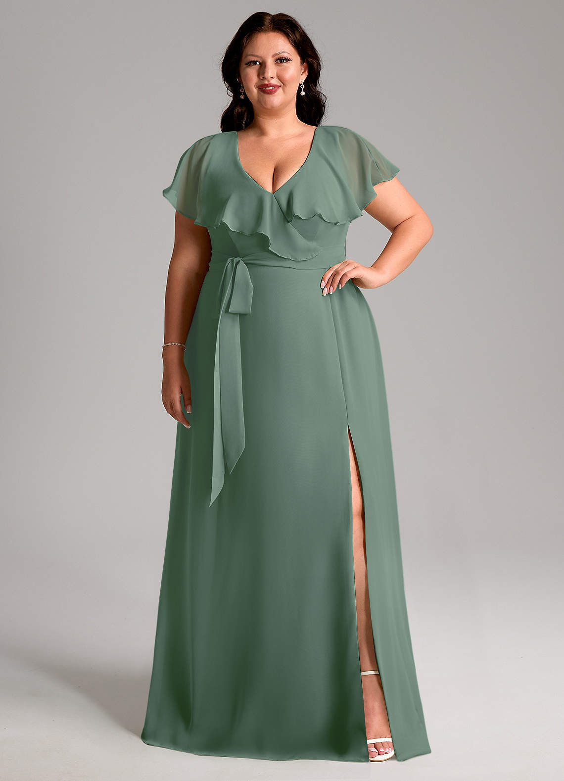 Azazie Lainey Bridesmaid Dresses Eucalyptus A-Line with Pockets Chiffon Dress image7